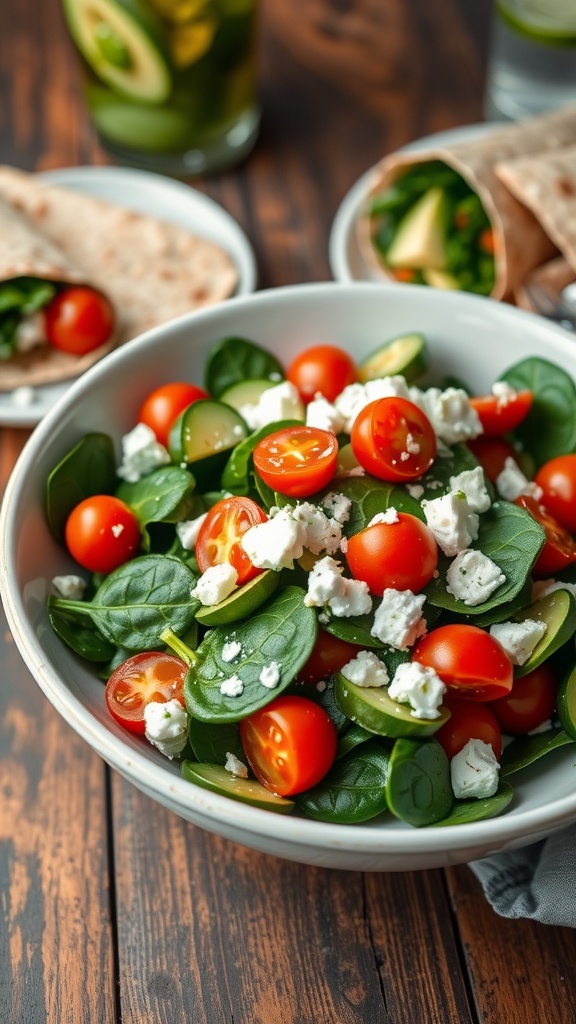 A colorful spinach salad with tomatoes, cucumber, and feta cheese, alongside whole grain wraps on a rustic table.